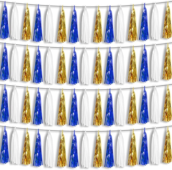 4P Navy-Blue White-Gold Foil Fringe Metallic Tassel-Garland, Tassels Banner Streamers for Parade Floats, Bachelorette, Wedding, Birthday, Halloween, Christmas, Bridal/Baby Shower Party Decorations
