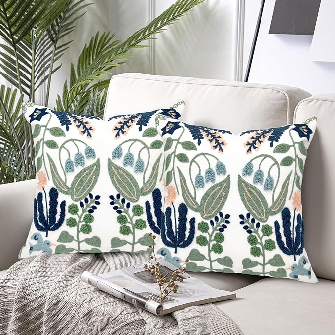 Alysheer Summer Floral Embroidered Decorative Throw Pillow Covers 18"x 18" Set of 2, Farmhouse Navy Blue Flowers Green Leaves Tufted Patterned Cotton Cushion Cases for Couch Bed Living Room Decor