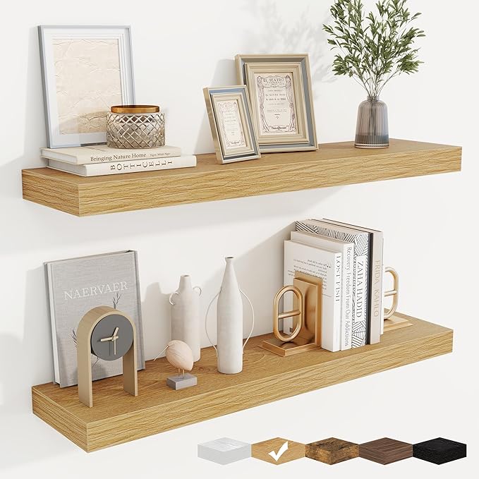 fuqing Floating Shelves for Wall, Bathroom Shelf Wall Mounted for Storage, Shelves with Invisible Bracket for Bedroom, Kitchen, Living Room, Farmhouse Small Book Shelf, 32 Inch Set of 2, Oak
