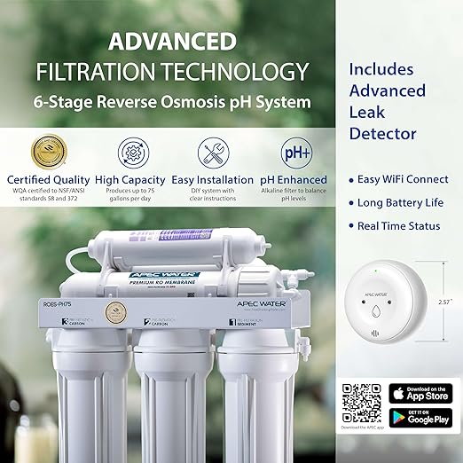 APEC Water Systems ROES-PH75 Essence Series Top Tier Alkaline Mineral pH+ 75 GPD 6-Stage Certified Ultra Safe Reverse Osmosis Drinking Water Filter System with WiFi Smart Water Leak Detector and App