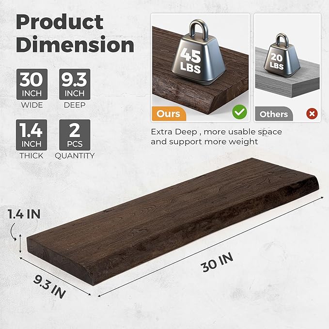 RICHFOCUS Live Edge Elm Floating Shelves - 30" W x 9.3" D Rustic Solid Wood Wall Shelves with Invisible Bracket, Wall-Mounted for Living Room, Bedroom, Kitchen Storage & Display, Set of 2, Walnut