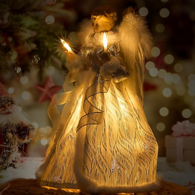 GENMOUS Angel Christmas Tree Topper, 12Inch Silver Angel Treetop, Angel Figurine Christmas Tree Top, Christmas Tree Decorations for Home