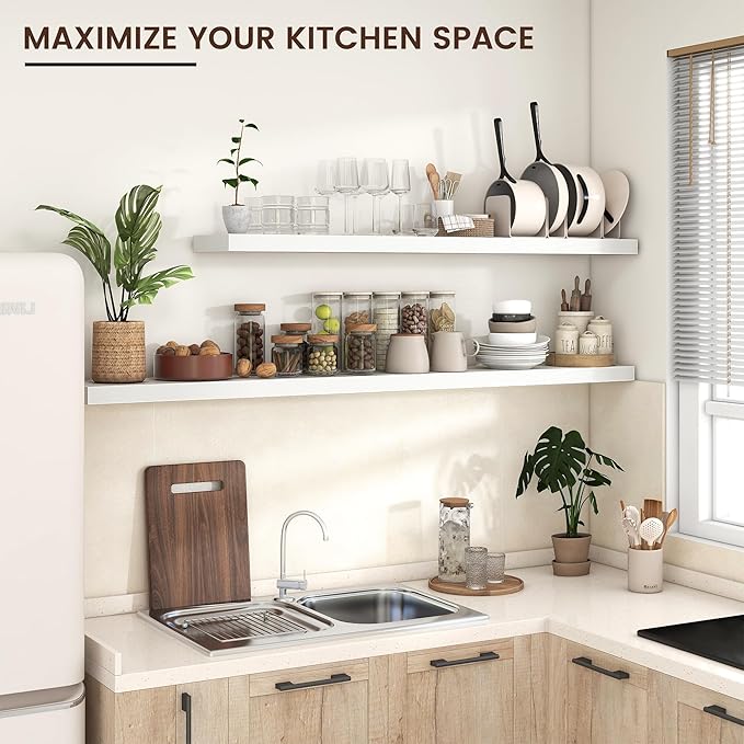 Floating Shelves for Wall, Large Wall Mounted Shelves with Invisible Brackets, Long Wood Floating Shelf for Living Room, Bedroom, Kitchen, (White, 72" W x 9" D x 1.5" H)