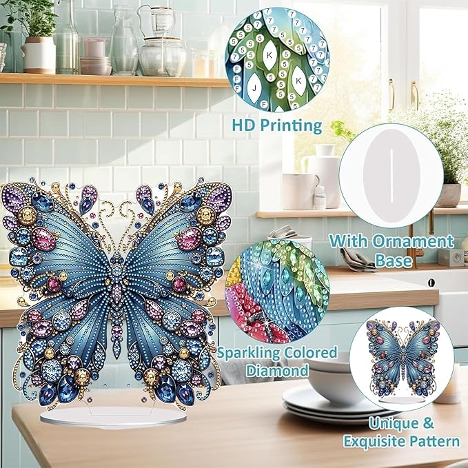 Diamond Painting Kits for Adults Beginners, 5D Full Drill Flowers and Butterfly Crystal Art Desktop Ornament, DIY Single Sided Home Office Desk Decor, Creative Craft Gift Set with Tools
