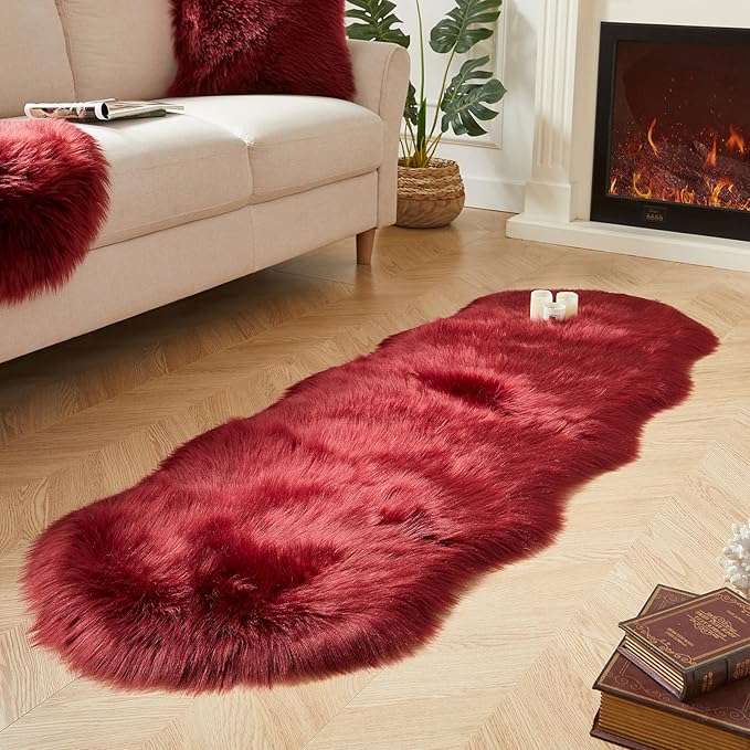 AMTOVO Faux Sheepskin Rug, Burgundy Ultra Soft Fluffy Shag Area Rug, 2 x 6 ft Faux Fur Rug for Bedroom Sofa Throw Cushion Room Decor, Sheepskin