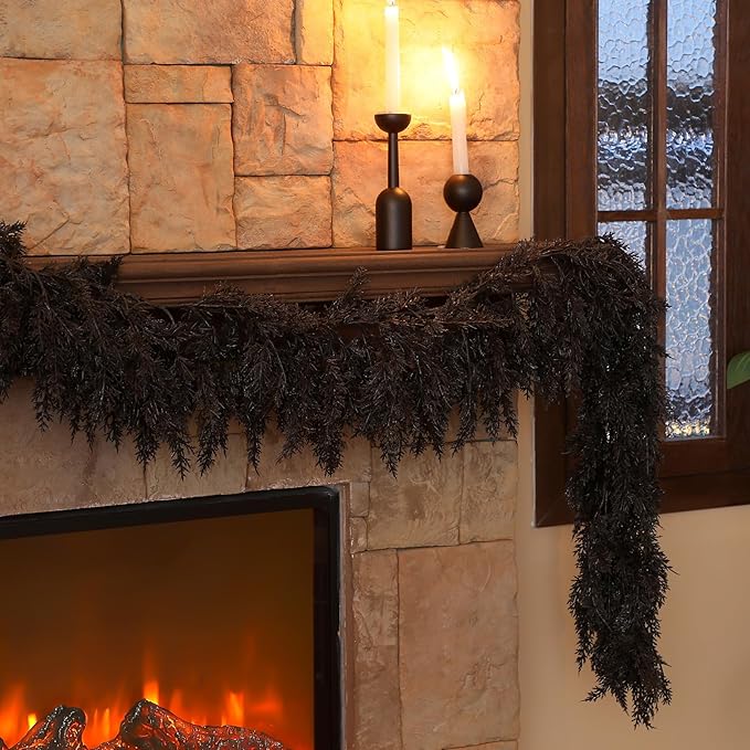 Dingion Black Artificial Cedar Garland - 9 ft Halloween Faux Cedar Pine Hanging Party Decoration Halloween Realistic Garland for Home, Mantle & Fireplace