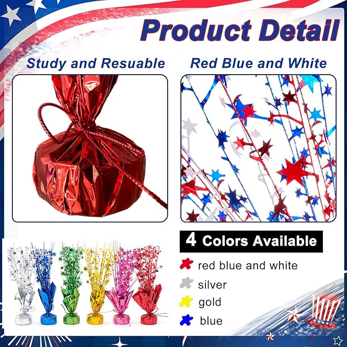 6 Pack 4th of July Table Centerpiece Decoration Metallic Foil Spray Star Burst Patriotic Decoration Independence Day Labor Day Veteran Day Memorial Day Party Supplies, Red White and Blue