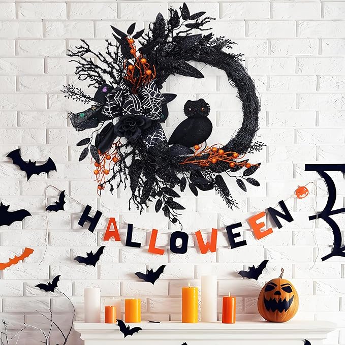 20 Inch Halloween Owl Wreath for Front Door - Gothic Garland with Natural Vines & Black Roses, Outdoor Indoor Decor for Porch, Wall, Window, Party Home Decor