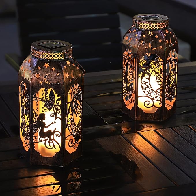 Solar Lanterns Outdoor Garden Hanging Lantern Waterproof LED Metal Bronze Moon Fairy Lantern Waterproof Flickering Flameless Candle Mission Lights for Table,Patio,Mother's Day Gift(2Pack)