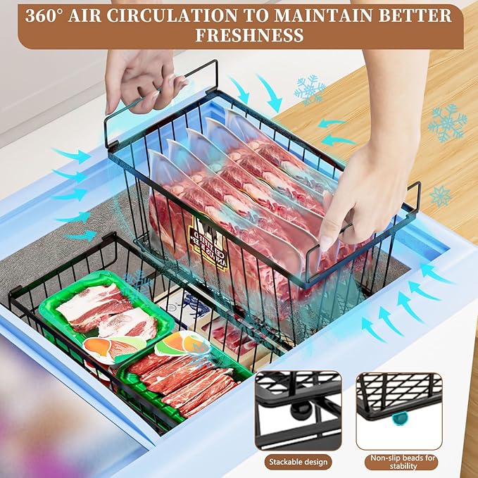 Freezer Organizer Bins，Upgraded Bottom Leak-Proof net，4 Pack，Encryption and Hardening ，Deep Freezer Organizer Bins for 5 to 7 Cu.FT Small Chest Freezer， Easy Get Bottom Foods