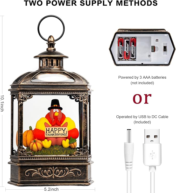 Fall Snow Globe Lantern -Thanksgiving Turkey with Pumpkins Spinning Water Lantern with Swirling Glitter Fall Decorations for Home, Thanksgiving, Autumn Harvest Fall Decor