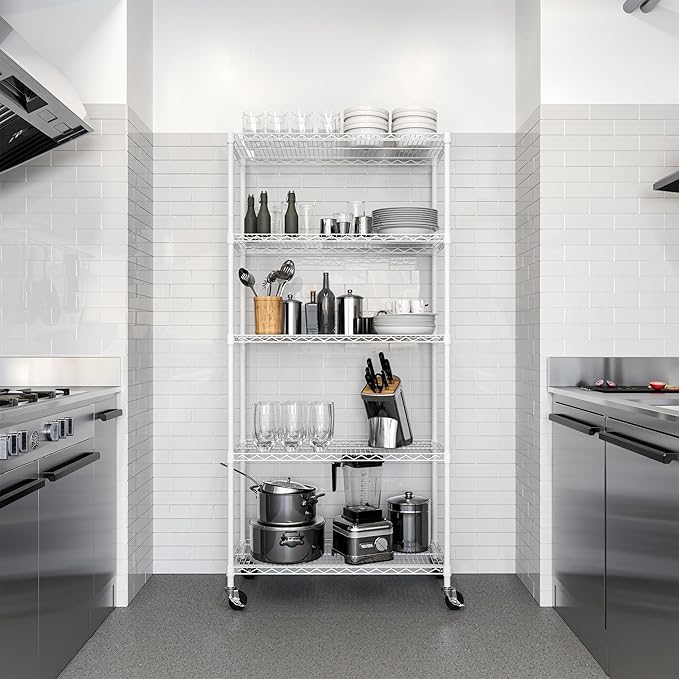 Seville Classics UltraDurable Heavy Duty NSF Solid Steel Wire Rack Storage Unit, Organizer for Garage, Warehouse, Office, Restaurant, Classroom, Kitchen, White, 5-Tier Shelving, 36" W x 14" D