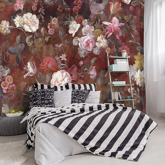 '-Vintage Roses Floral Fabric Wallpaper Living Room Bedroom Bathroom Flowers Wall Mural- 91"x65"（ not Peel and Stick）