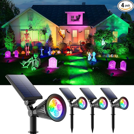 4 Pack Color Changing Solar Spotlights Outdoor for Halloween Decorations Spooky Ghost, Spider Web, Tombstone, Pumpkin, Waterproof Solar Landscape Spot Lights Uplighting for Outside House, Yard, Garden