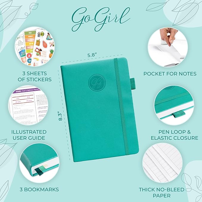 GoGirl Food Journal & Wellness Planner –– Diet & Fitness Diary – Nutrition Journal with Meal, Exercise & Weigh Loss Tracker, A5 (Turquoise)