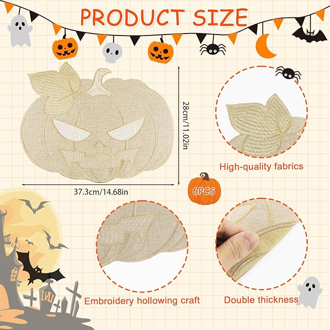 Halloween Pumpkin Placemats Set of 6 Halloween Table Decorations Indoor Round Fall Placemats for Farmhouse Harvest Party Kitchen Dinning Decorations