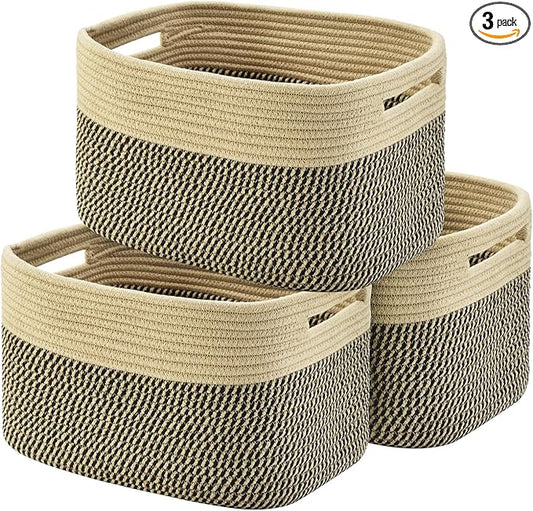 Storage Basket,Woven Baskets for Storage,Cotton Rope Baskets for Organizing,book,towel Basket,Toy Basket or Storage Bins - 3 Pack,Black and Brown