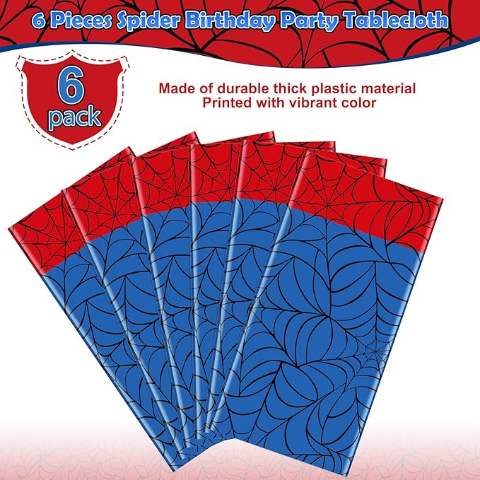 6Pcs Spider Web Themed Birthday Party Tablecloth Decorations,Blue Hero Plastic Table Cover with Red Runner Disposable Rectangle Table Cloth for Baby Shower Kids Boy Birthday Party Supplies,54x108 Inch
