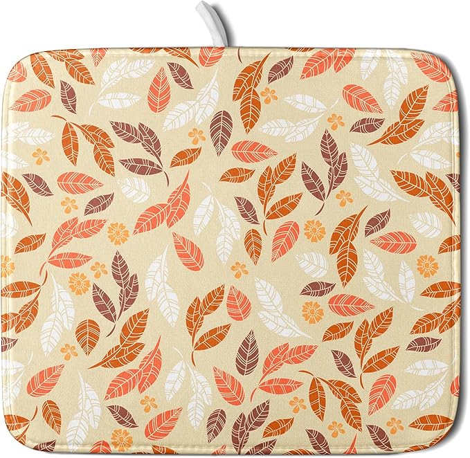 Fall Leaves Dish Drying Mat for Kitchen Counter Autumn Orange White Leaves Seasonal Super Absorbent Reversible Microfiber Kitchen Countertop Protector Dishes Pad Small 16x18 inch