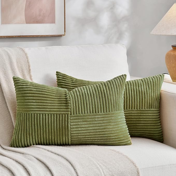 Fancy Homi 2 Packs Moss Green Lumbar Decorative Throw Pillow Covers 12x20 Inch for Living Room Couch Bed, Rustic Farmhouse Boho Home Decor, Soft Striped Corduroy Rectangle Accent Cushion Case 30x50 cm