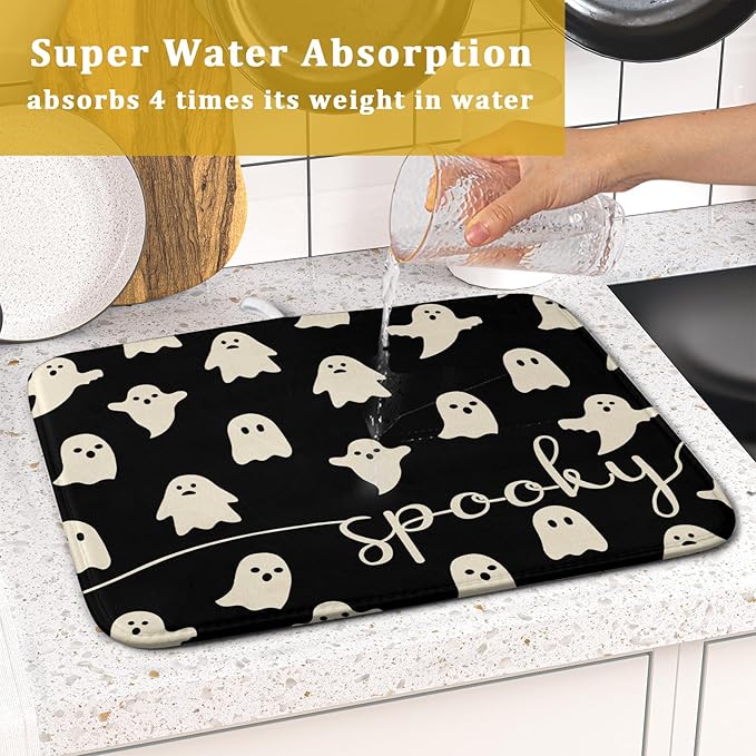 Halloween Dish Drying Mat for Kitchen Counter Spooky Ghost Holiday Super Absorbent Reversible Microfiber Kitchen Countertop Protector Dishes Pad Small 16x18 inch