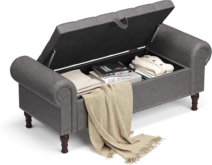 Storage Bench for Bedroom, 51" Full Queen Storage Bench, Upholstered Bedroom Bench with Rolled Arms and Vintage Rivets for Living Room, Storage Room, Entryway, Gray