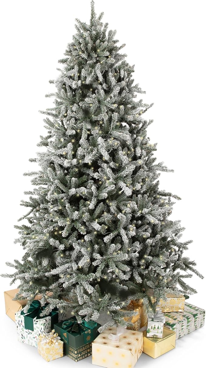 Papyrus Frosted 7 ft Pre-Lit Artificial Christmas Tree, Blue Spruce, Warm White Lights, Includes Stand and Storage Bag