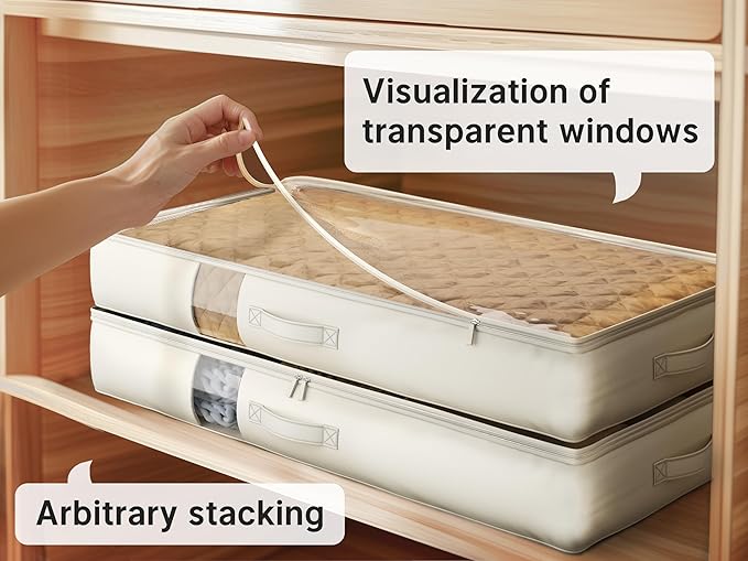 Soft-Sided Foldable Under bed Storage Bags with Window,No Rigid Frame Closet Organizers,Storage Containers for Blankets, Clothing, Comforter, Collapsible Fabric Design,4 Pack, White Ivory