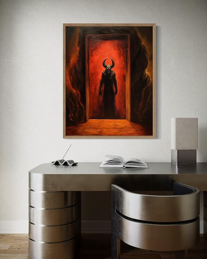Satan and Hell Poster Art Print, Halloween Scary Vintage Wall Art Academia Spooky Painting Decoration for Horror Prints, Gothic Posters Bedroom Decor 89 (Satan and Hell, 16 x 20 inches, Wood Frame)