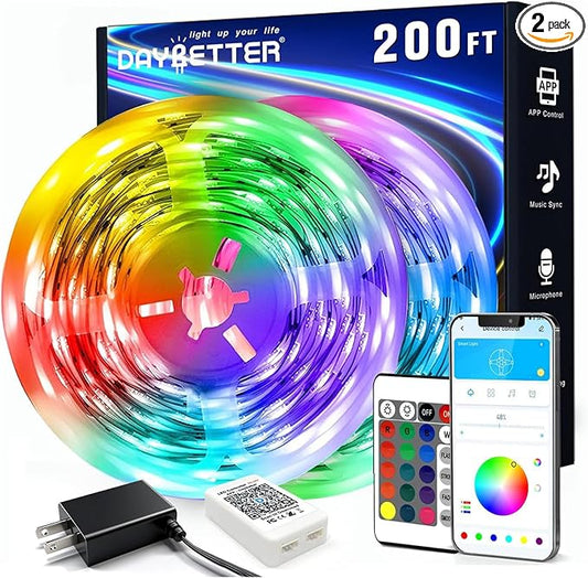 DAYBETTER LED Strip Lights 200 ft (2 Rolls of 100 ft), Smart App Control Lighting Bedroom Rome Decor with Remote, RGB Music Sync Color Changing LED Lights for Party