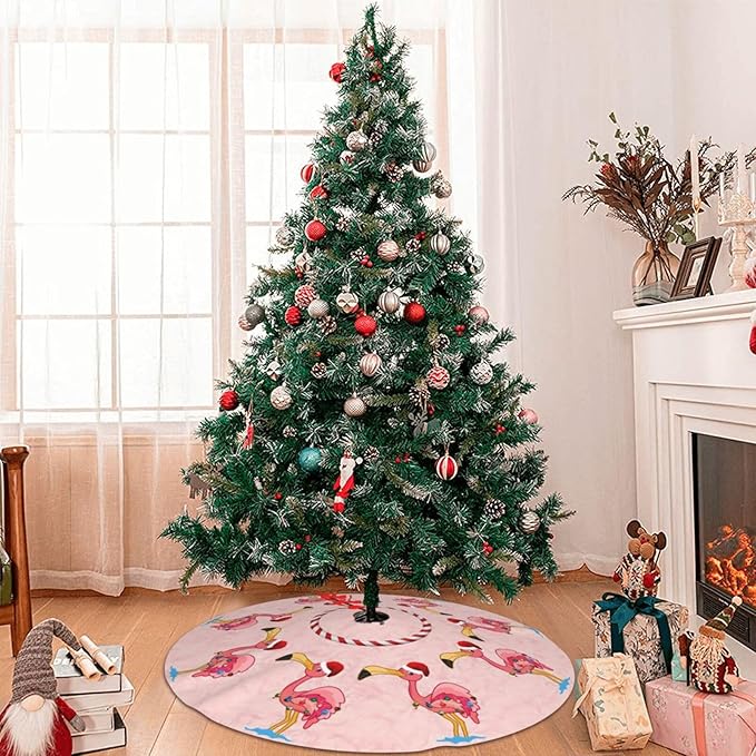 48" Large Christmas Tree Skirt, Christmas Decorated Flamingo Pattern Tree Mat Base Cover for Xmas Festive Holiday Party Decoration Ornaments