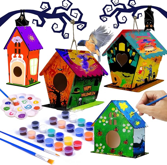 hapray 4 Pack Bird House Crafts for Kids Ages 5-8 8-12, Buildable DIY Birdhouse Kit for Children to Build, Summer Arts and Craft Projects with Paint, 3+ Boy Girl Gift for Halloween Christmas