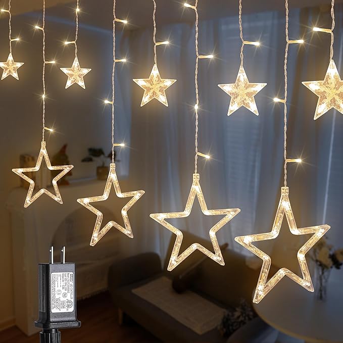 126L Warm White Star Icicle Lights, 8.2FT Clear Curtain Fairy String with Connectable, Timer 8 Modes Memory, Waterproof Hanging for Christmas,Ramadan,Party,Wedding Indoor Outdoor Decorations