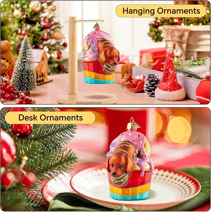 Dog Christmas Tree Ornaments,Hand-Blown Glass Ornaments,Cupcake Collection Figurine Hanging Ornaments,Dachshund Dog Christmas Ornament for Animal Lovers Party Holiday Home Decorations Gifts
