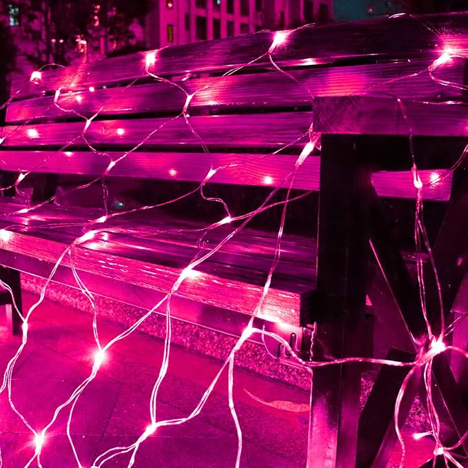 Solar Net Lights Pink Christmas Decorations, 200 LED Net Lights Outdoor Mesh Lights, Remote Control 19 Modes String Lights for Garden, Yard, shrubs, Trunk, Bedroom, Valentine’s Day Decor-9.8ft x 6.6ft