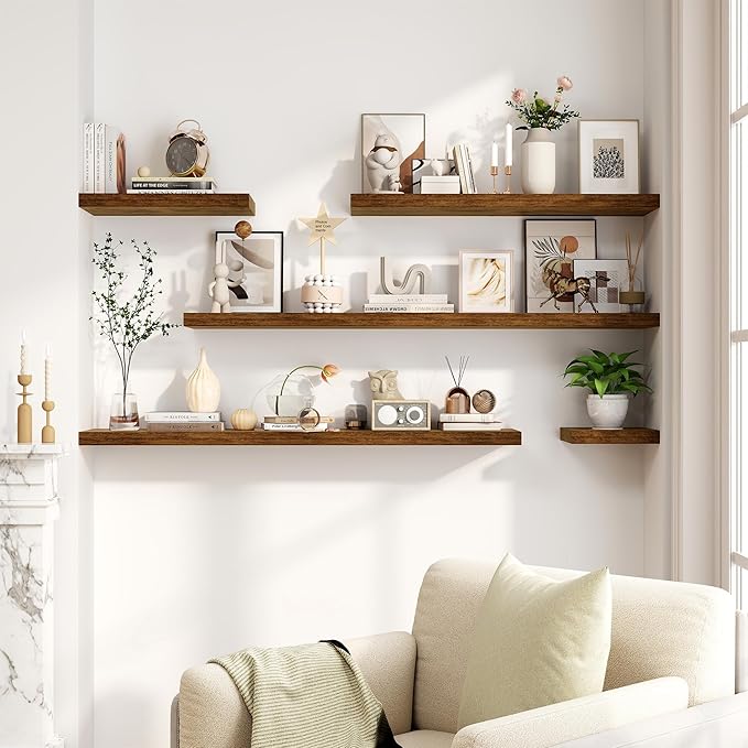 Fun Memories Floating Shelves for Wall, 8 Inch Deep Floating Wall Shelf, 16" x 8" Floating Shelves - Set of 2, Rustic Wooden Storage Shelves for Bathroom, Living Room, Kitchen, Rustic Brown Color