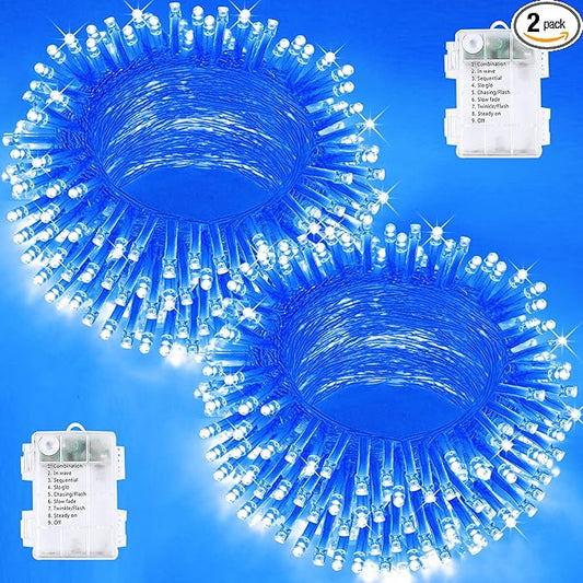 2 Pack Halloween String Lights Battery Operated with Timer, 66FT 200 LED Waterproof Battery Twinkle Lights, 8 Modes Fairy Light for Indoor & Outdoor Party Bedroom Garland Tree Christmas Decor (Blue)