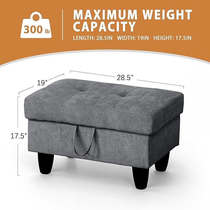 Ottoman Rectangular Storage Ottoman Bench, Flannel Footrest Stool Footstool with Lid for Living Room, Bedroom, Entryway, Dark Gray, 28.5"x19"x17.5"