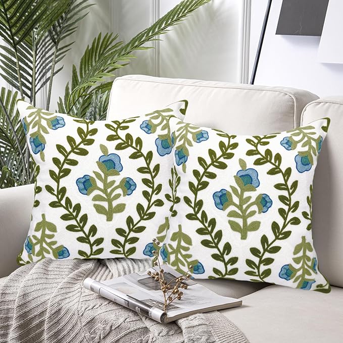 Alysheer Floral Embroidered Summer Decorative Throw Pillow Covers 18"x 18" Set of 2, Farmhouse Blue Flowers Green Vines Patterned Cotton Cushion Cases for Couch Bed Living Room Cottage Decor