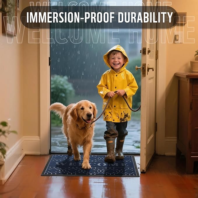 Yimobra Welcome Matt Outdoor Indoor 29.5x17, All-Weather Waterproof Front Door Mat, Non-Slip Low Profile Porch Patio Entrance Doormat, Blue