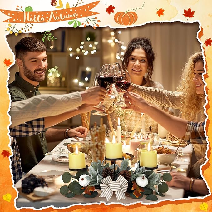 Fall Modern Farmhouse Table Centerpieces with 3 Wick Candle Holders Fall White Pumpkin Bow Candle Holders with Artificial Eucalyptus Leaves Autumn Lambs Ear Holly Berries and Striped Bow