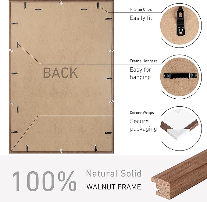 27x40 Poster Frame Set of 2 Natural Solid Walnut Photo Frames with 24x36 Removable Mat Wall Hanging Large Handcrafted Frame with HD Plexiglass Wall and Tabletop Display Large Picture Frame