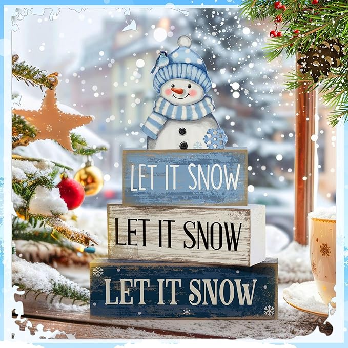 4 Pcs Christmas Wooden Tabletop Decor Snowman Blue Tiered Tray Decor Christmas Plaid Block Signs Centerpiece Farmhouse Winter Let It Snow Table Decoration for Home Kitchen Shelf