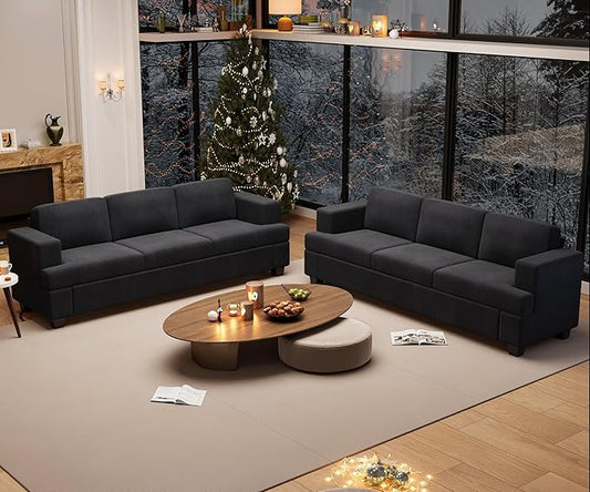 2 Piece Set Comfy Sofa Couch, 2 3-Seater Sofa with Deep Seats, Modern Sleeper Couch for Living Room, Black Corduroy