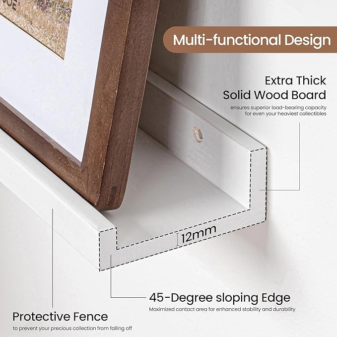 Picture Ledge Shelf, Solid Pine Wood Floating Shelves Set of 2, 24 Inches Nursery Book Shelves for Toys Storage, Kids Bookshelf Wall Mounted for Living Room Bedroom Decor Books Photo Frames, White