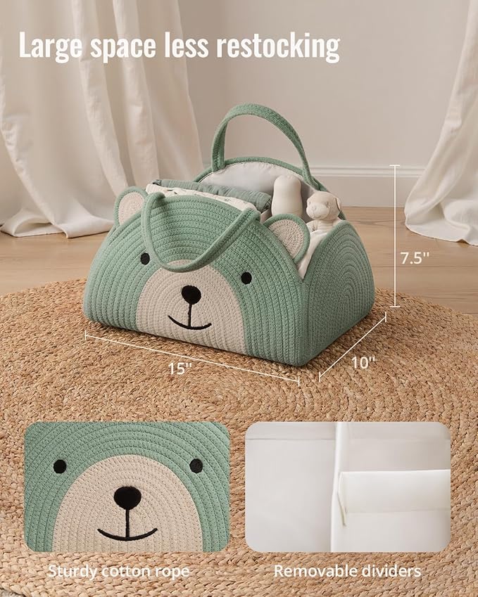 Blissful Diary Baby Diaper Caddy Organizer, Cotton Rope Diaper Caddy Basket, Large Storage Basket, Gift for Baby Shower, Newborn Essentials, Bear Roman Green