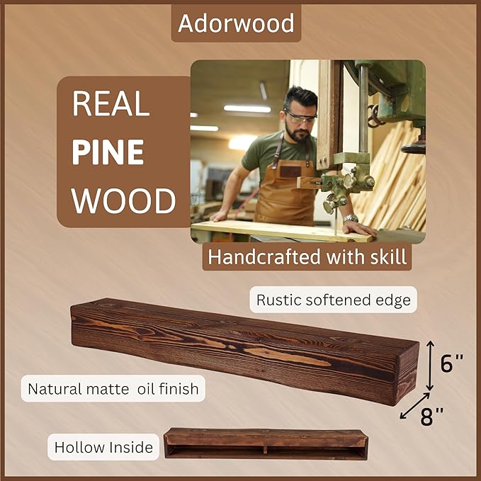 Handmade Fireplace Mantel Shelf, Extra Wide Rustic Wood Mantles for Over Fireplace, Wall Mounted Floating Mantel Shelves for Living Room Decor (Light Walnut, 60 inches)