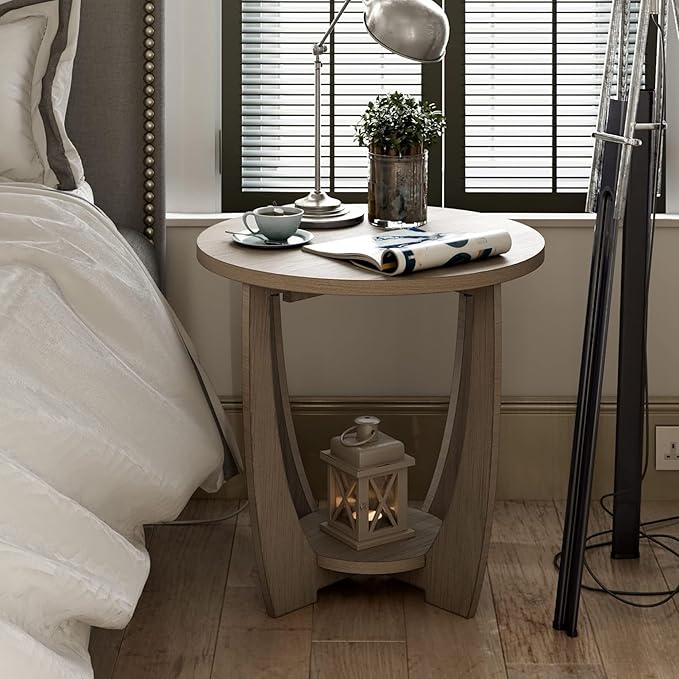 Rustic Farmhouse End Table with Storage Shelf, French Country Accent Side Table for Family, Dinning or Living Room, Small Spaces, Modern, Round, Vintage Grey Finish