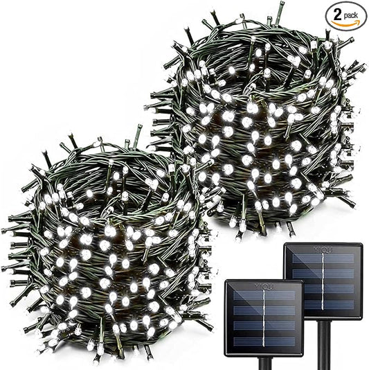 2 Pack Solar Christmas Lights Outdoor, 400 LED 144FT Extra-Long Solar String Lights Waterproof with Green Wire 8 Lighting Modes, Twinkle Light for Xmas Tree Fence Porch Garden Party Decor, Cool White