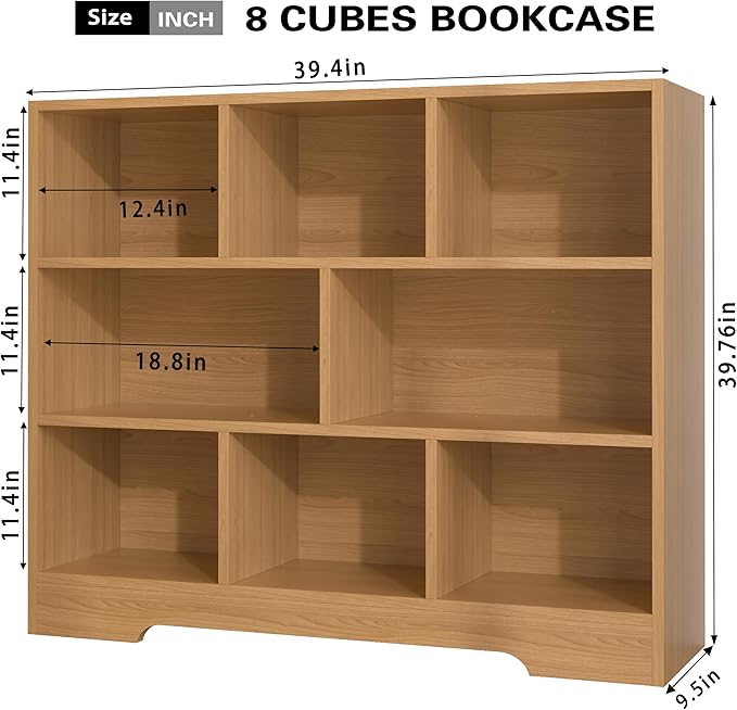 Book Shelf Set of 2, 8 Cubes Storage Organizer, 3-Tier Open Shelf Wooden Bookcase, Freestanding Wooden Bookshelf Cube Shelf for Bedroom, Living Room, Home Office